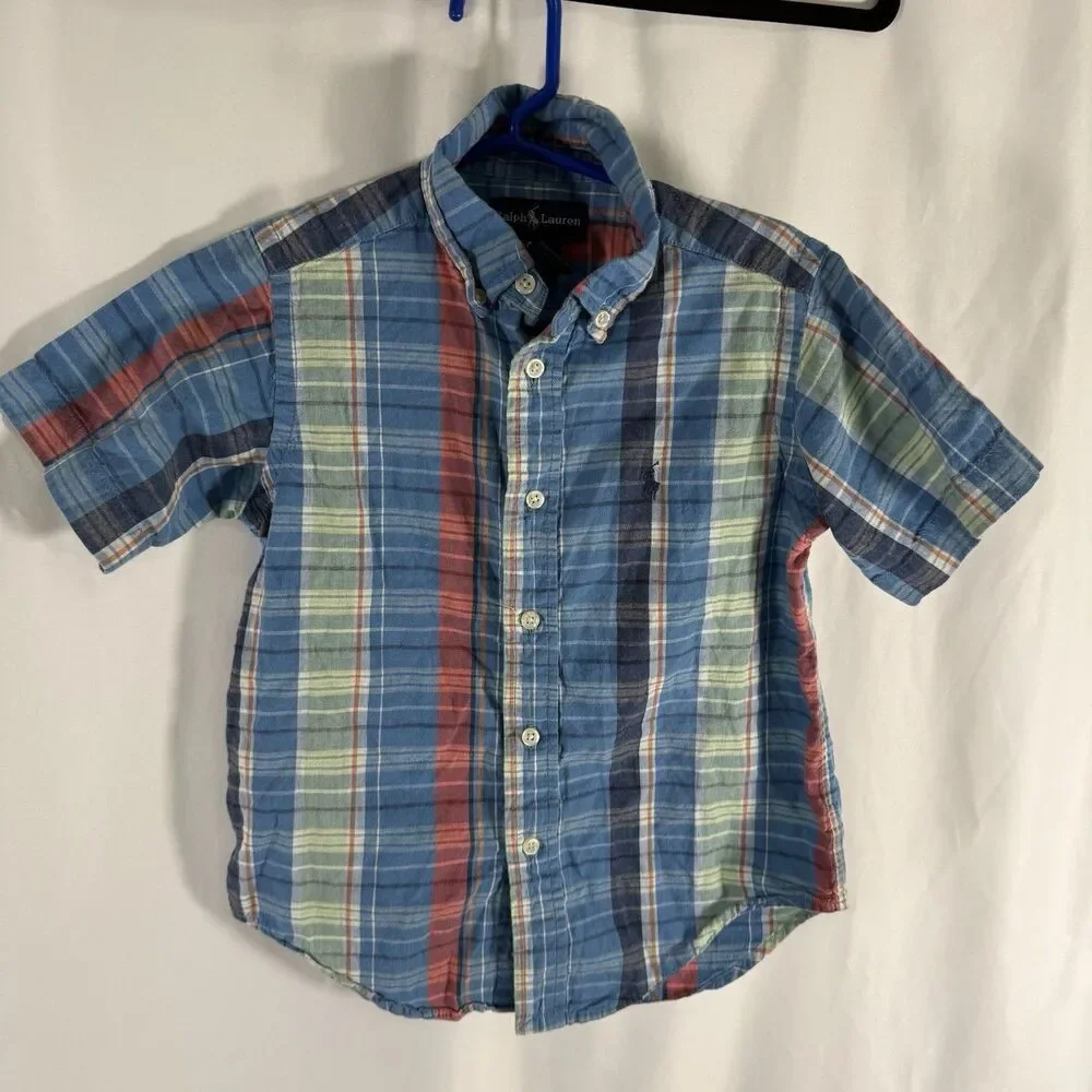 Ralph Lauren Casual Button Up Shirt Boys 4T Blue Plaid Short Sleeve Collared